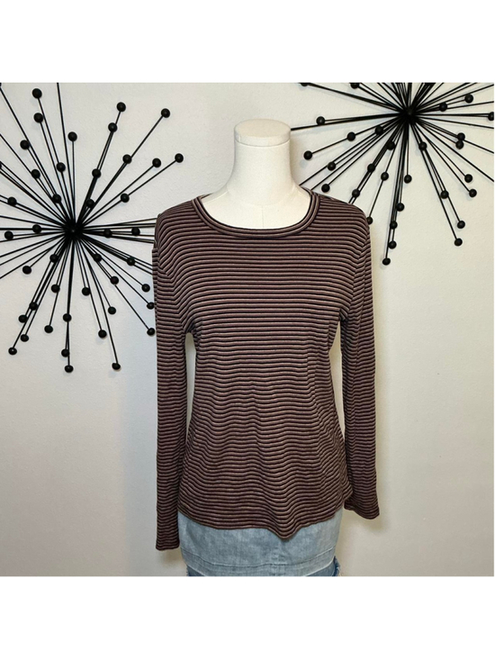 a new day Tops - A New Day Brown Navy Striped Long Sleeve Tee Women’s Large Soft Casual Basic
